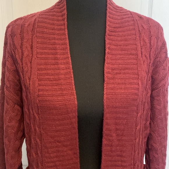 Maroon Long Cable Knit Cardigan Sweater Sz L NWOT - Picture 2 of 11